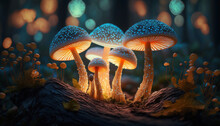 Glowing Mushrooms On The Fantasy Forest. Glowing Mushrooms In A Dark Forest Growing On A Stump