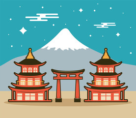 Wall Mural - fuji mount with pagodas and arch