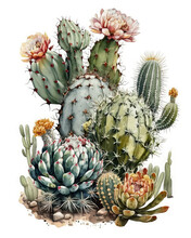 Many Species Of Cactus With Flowers On White Background. Generative AI