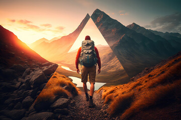 Wall Mural - hiker in the mountains at sunset, beautiful landscape backgrond, generative ai