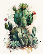 Cactus in the garden. Watercolor illustration on white, Generative AI