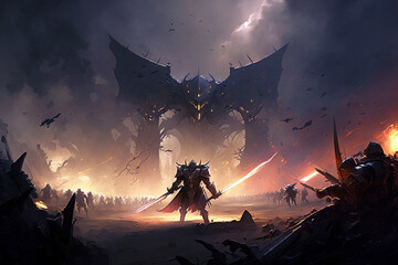 Epic battle scene,concept art piece that depicts a large-scale battle between two opposing armies or factions. Generative ai illustration