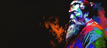 Multicolor Modern Painting Art Of Confucius. Black Background Banner With Copy Space. Generative AI Illustration