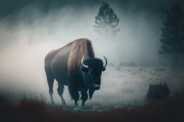 Wall Mural - Bison in the mist, morning misty forest, generative ai