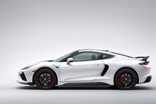 White Sports Car Is Shown Like A Studio Photo With A Gray Background And A Black Rimmed Tire. Supercar Concept. Side View. Generative AI Technology.
