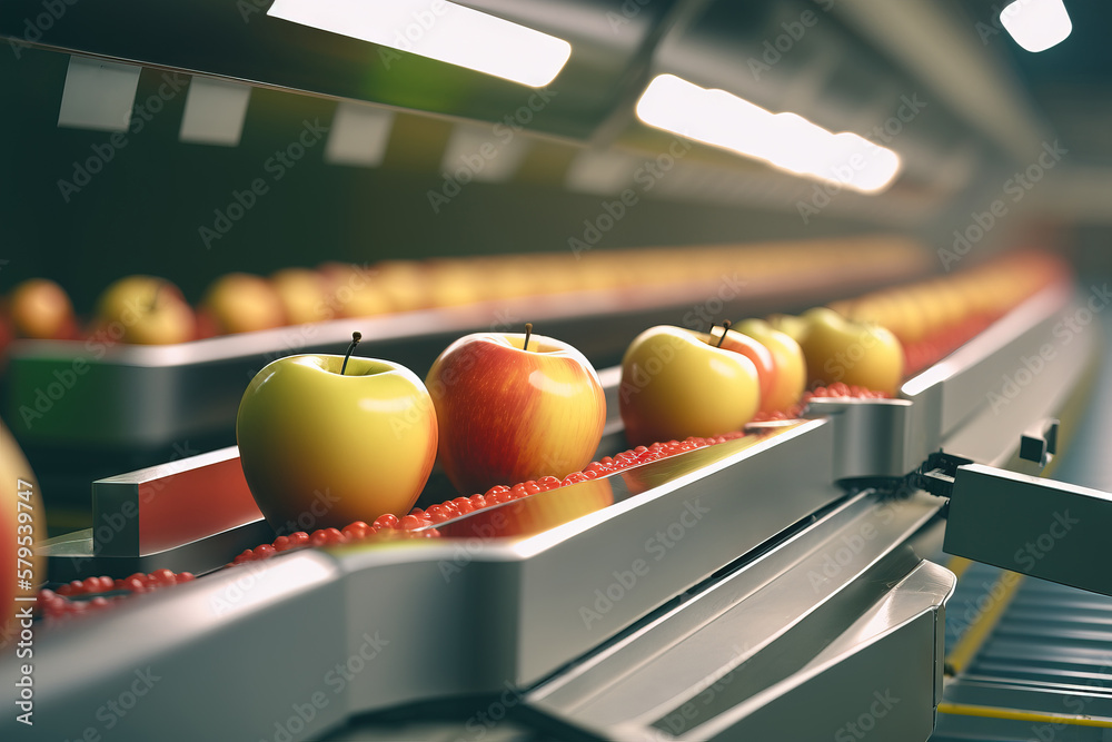 Ilustração Apples in a food processing facility, clean and fresh, ready ...