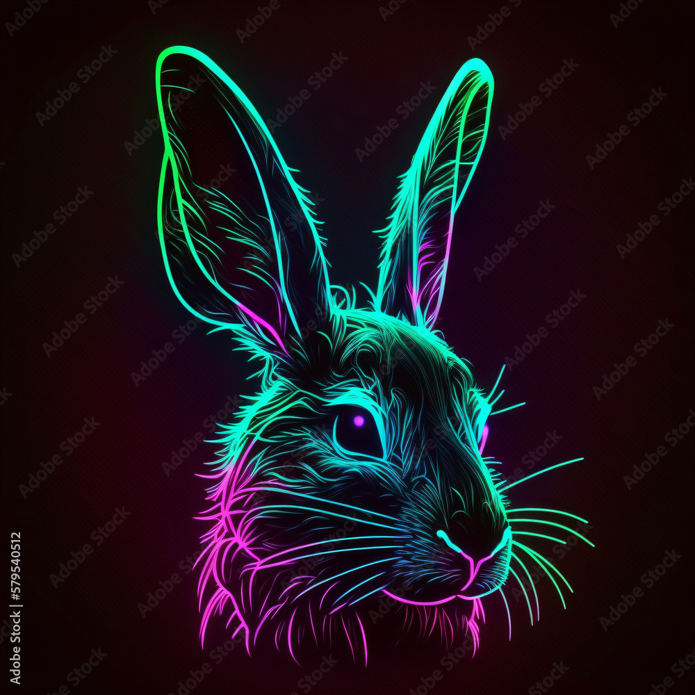 Line Rabit Neon rabbit head silhouette neon glowing light portrait isolated on a black ...