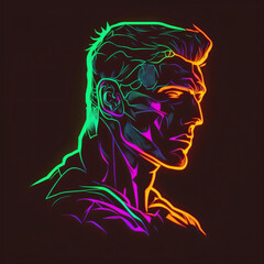 Wall Mural - handsome man face silhouette neon glowing light portrait isolated on a black background. handsome man colorful neon light isolated portrait. Generative Ai 