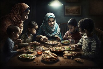 An Arab family sits at the table for dinner after the end of Ramadan. Ai generated