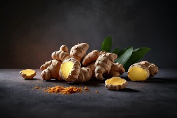 Wall Mural - Fresh ginger tubers over dark background. Generative AI Illustration