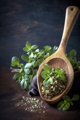 Wall Mural - Oregano in wooden spoon close up shot over dark background. Generative AI Vertical Illustration