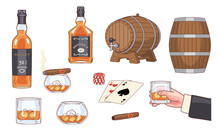Set Of Whiskey. Man Hand Holding Glass Of Scotch With Ice Cubes. Wooden Barrels And Bottles With Alcoholic Drink. Cigar And Cards. Cartoon Flat Vector Illustrations Isolated On White Background