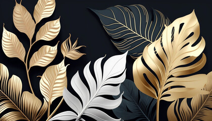  Black, gold white Tropical leaves pattern background generative ai