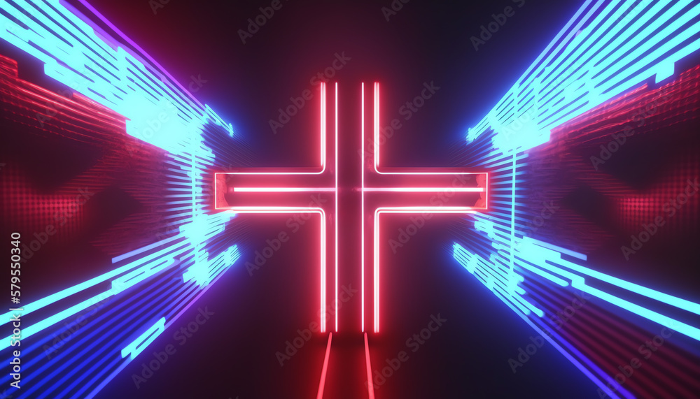 Uv Cross Sign 3d render, abstract fluorescent background, neon cross sign, symbol ...