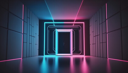 d render, abstract background with pink blue neon glowing light inside empty room. Futuristic energetic technology concept. Performance stage design. Led lamp panel