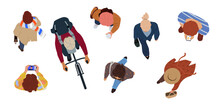 Top View People Set. Men And Women Walk And Ride Bicycles In Street. Person In Motion Above. Overhead Collection Of Characters. Cartoon Flat Vector Illustrations Isolated On White Background