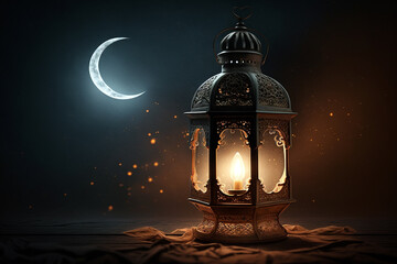 Wall Mural - Arabic lantern with burning candle on wooden table on the night with moon on the background. Generative AI illustration