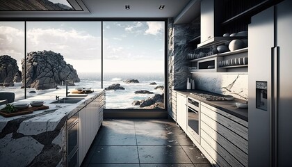 Wall Mural - A sleek and modern kitchen with stainless steel appliances, set up on the edge of a rocky cliff overlooking the ocean. HD, realistic, natural lighting type generative ai