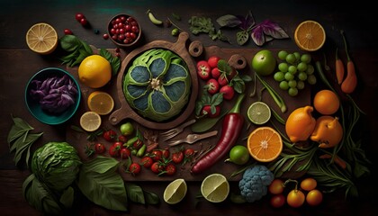 Wall Mural - A bountiful array of leafy greens with crisp vegetables. AI generative..