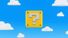 Retro Game Block With Question Mark, On Blue Sky With Cloud