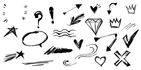Poster - Doodle elements for concept design on set. isolated on white background. Infographic elements. emphasis, diamond, wave, wind, crown, star and scribble. vector illustration