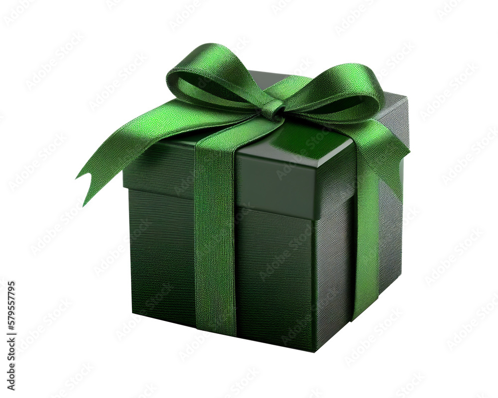 Green gift box and green ribbon on isolated transparent background ...