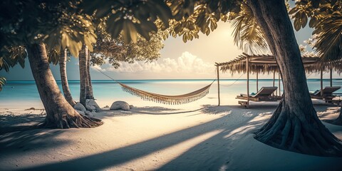 Wall Mural - luxury beach with hammock and palm trees, blue sea and white sand, generative ai