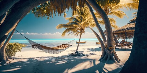 Wall Mural - luxury beach with hammock and palm trees, blue sea and white sand, generative ai