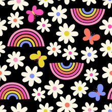 Cute Hand Drawn Daisy Flower, Rainbow And Butterfly Seamless Pattern Background.