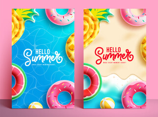 Sticker - Hello summer poster set design. Hello summer text with floater inflatable element in background. Vector illustration summer greeting collection layout.