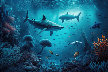 Wall Mural - Beauty of the sharks underwater ocean with aquatic animals and coral, generative Ai