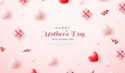Happy mother's day vector background with gift box and balloons love realistic vector. Premium design for greeting, poster, banner and social media post.