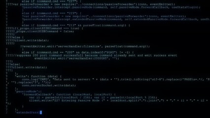 White hacker code appears on a black screen.