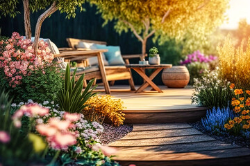 Terrasse en bois avec table et chaise dans le jardin fleuri en été - Générative IA