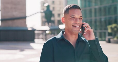 Poster - Businessman, walking and phone call in urban city for networking, customer negotiation or client partnership. Smile, happy and talking man on mobile communication technology, contact app or b2b deal