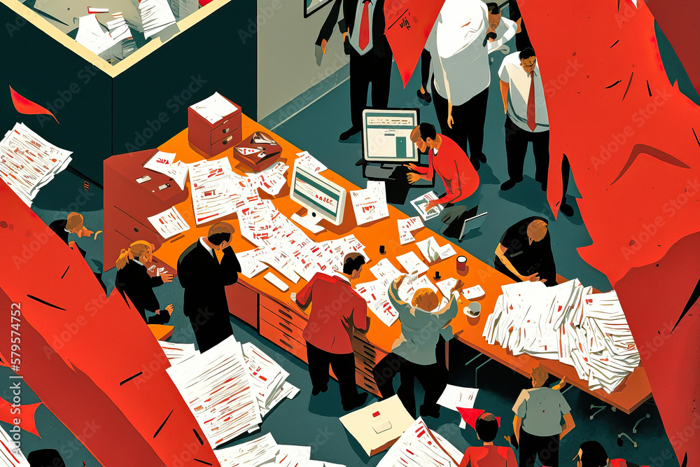 Chaos in the workplace, a few papers lying around and employees in a ...