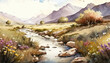 vibrant meadow full of wildflowers and a trickling stream generative ai watercolor illustration 