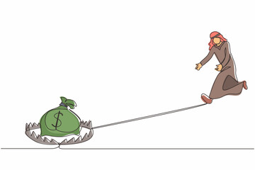 Poster - Single continuous line drawing money trap business. Arab businessman running to catch money bag in the steel bear trap. Metaphor of greedy financial risk and bad solutions. One line draw design vector