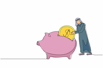 Poster - Single one line drawing Arabian businessman putting dollar coin into piggy bank. Money savings, personal investment, finance, funding, bank deposit, capital accumulation. Continuous line design vector