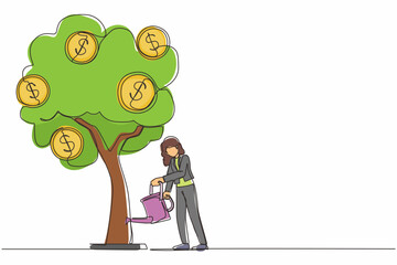 Poster - Single one line drawing business investment with money tree illustration. Woman watering tree with coins dollar symbols. Business development, profit growth. Continuous line draw design graphic vector