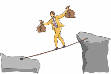 Poster - single continuous line drawing businessman walk over cliff gap mountain carry two money bag risking 