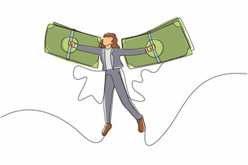 Poster - Continuous one line drawing businesswoman flying on money wings. Financial freedom concept, depicting woman flying on wings made of currency bills. Single line draw design vector graphic illustration