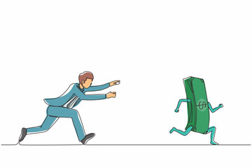 Poster - Single one line drawing businessman or manager running and chasing after run away money. Concept of money obsession, impatient, greedy. Modern continuous line draw design graphic vector illustration