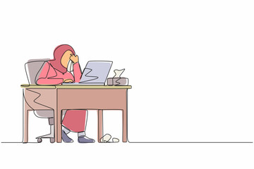 Poster - Single one line drawing female manager working on computer laptop. Arab woman with question mark over head scratches back of her head sitting in front of laptop. Continuous line design graphic vector
