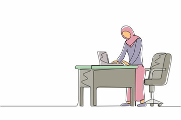 Aufkleber - Single one line drawing woman employee working at ergonomic workstation. Office furniture with computer and laptop. Arab female standing on foot rest behind desk. Continuous line design graphic vector