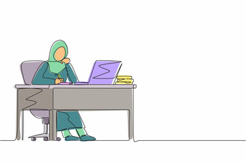 Poster - continuous one line drawing arabian businesswoman writing sitting in front of laptop at table. femal