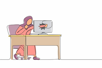Poster - Continuous one line drawing angry Arabian businesswoman breaks her laptop computer hitting it with clenched fist sitting at desk. Frustrated woman punching hole in pc screen. Single line design vector
