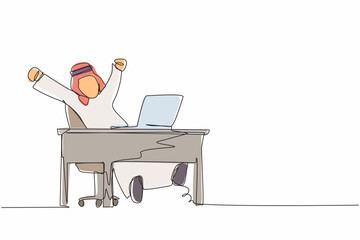 Fototapete - Single one line drawing happy Arab businessman sitting in chair at desk using laptop celebrating win with hands raised. Celebrating win, positive emotion concept. continuous line design graphic vector