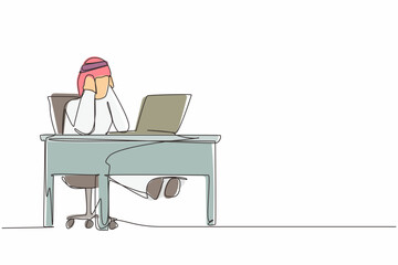 Poster - Continuous one line drawing tired office worker man character. Arabian male work at laptop feeling bad. Hold his head. Headache sick, exhausted, stressed, depression. Single line design vector graphic