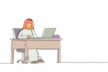 Fototapete - Single continuous line drawing Arabic businessman writing sitting in front of laptop at table. Young male studying and writing in notebook, at desk in front of computer. One line graphic design vector